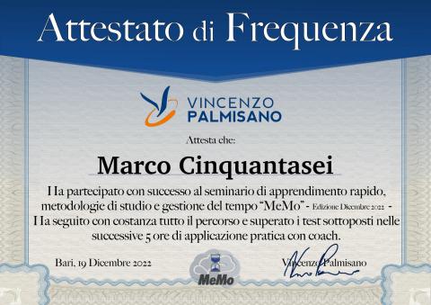 MeMo certificate of attendance issued to Marco Cinquantasei, Bari, 19 December 2022